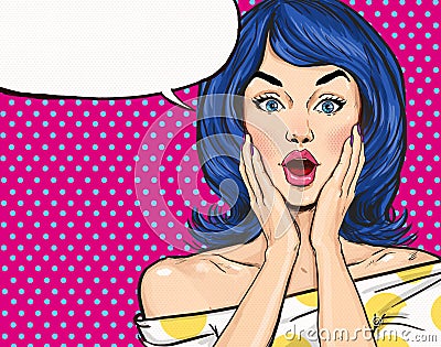 Pop Art illustration of surprised girl with the speech bubble.Pop Art girl.Party invitation. Birthday greeting card. Cartoon Illustration