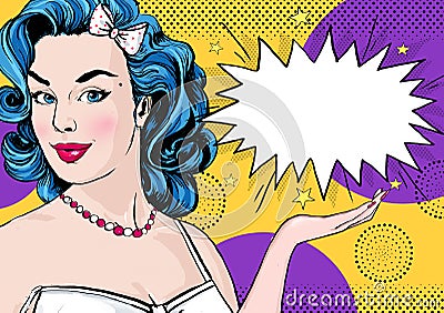 Pop Art illustration of woman with the comic speech bubble .Pop Art girl. Party invitation. Birthday greeting card.Cute girl Cartoon Illustration