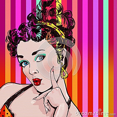 Pop Art illustration of woman with hand.Pop Art girl. Party invitation. Birthday greeting card.Pop Art girl.Hollywood movie Cartoon Illustration