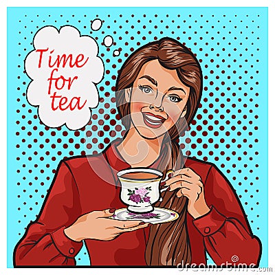 Pop Art illustration of woman with morning cup of tea. Pin-up girl speech bubble. Vector Illustration