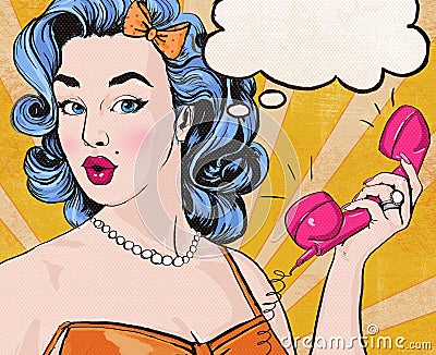 Pop Art illustration of woman with the speech bubble ant retro telephone. Cartoon Illustration