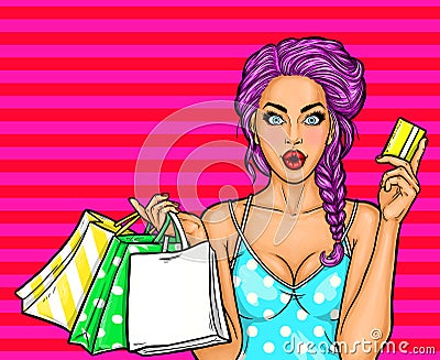 pop art illustration of a young girl holding shopping bags and credit card. Cartoon Illustration