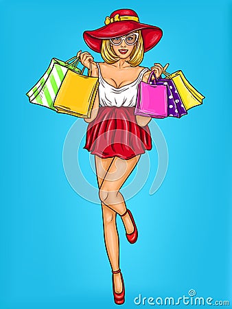 pop art illustration of a young happy girl holding shopping bags. Cartoon Illustration