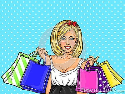 pop art illustration of a young happy girl holding shopping bags. Cartoon Illustration