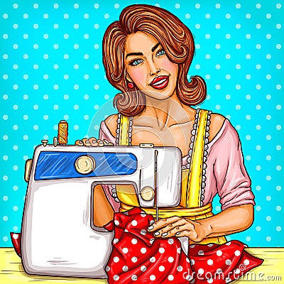 pop art illustration of a young woman dressmaker sewing on a sewing machine Cartoon Illustration