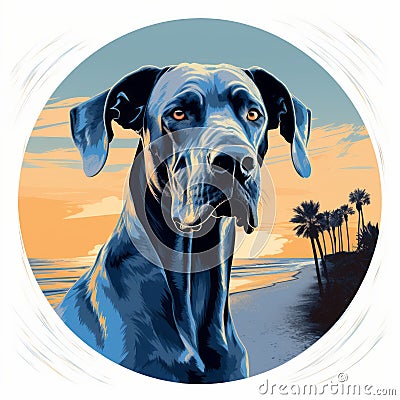 Pop Art Inspired Great Dane Dog On Beach - Hyperrealistic Graphic Design Cartoon Illustration