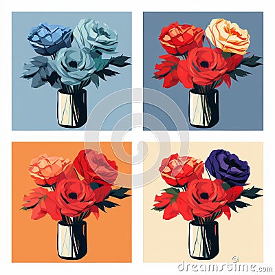 Pop Art Inspired Illustrations Of Roses In A Vase Cartoon Illustration