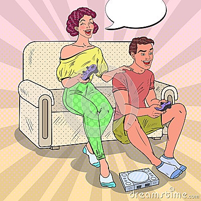 Pop Art Joyful Couple Playing Video Game. Girl and Guy with Console Joystick Vector Illustration