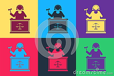 Pop art Judge with gavel on table icon isolated on color background. Vector Vector Illustration