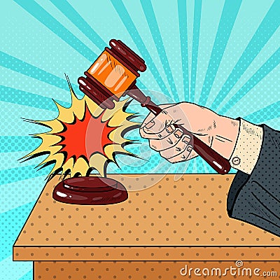 Pop Art Judge Hitting Wooden Gavel in a Courtroom Vector Illustration