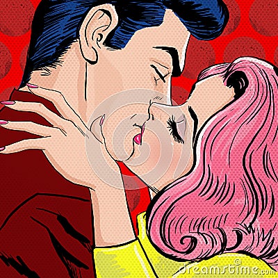 Pop Art Kissing Couple. Love Pop Art illustration of Kissing Couple. Pop Art love. Valentines day postcard. Hollywood movie Cartoon Illustration