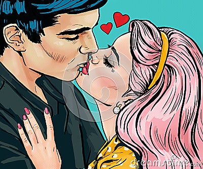 Pop Art Kissing Couple.Love Pop Art illustration of Kissing Couple.Pop Art love. Valentines day postcard. Hollywood movie scene. Cartoon Illustration