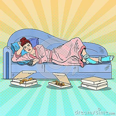 Pop Art Lazy Woman Lying on Sofa and Watching TV with Pizza Vector Illustration