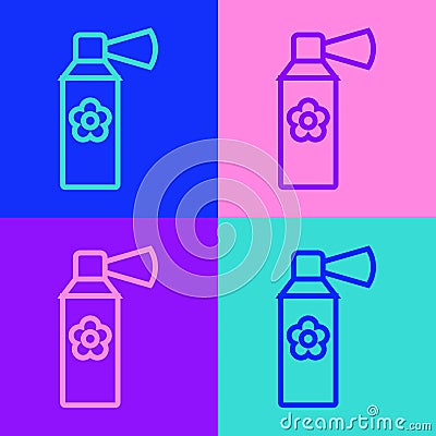 Pop art line Air freshener spray bottle icon isolated on color background. Air freshener aerosol bottle. Vector Vector Illustration