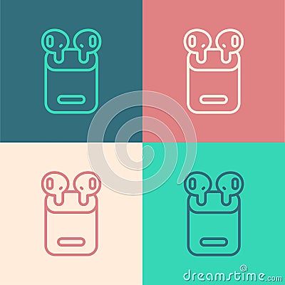 Pop art line Air headphones in box icon isolated on color background. Holder wireless in case earphones garniture Vector Illustration