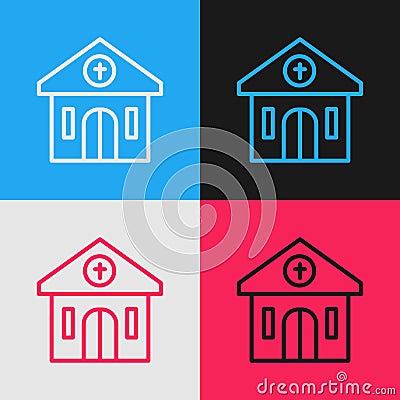 Pop art line Church building icon isolated on color background. Christian Church. Religion of church. Vector Vector Illustration