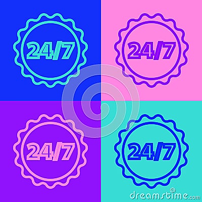 Pop art line Clock 24 hours icon isolated on color background. All day cyclic icon. 24 hours service symbol. Vector Vector Illustration