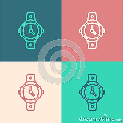 Pop art line Diving watch icon isolated on color background. Diving underwater equipment. Vector Vector Illustration