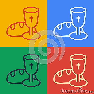 Pop art line Goblet and bread icon isolated on color background. Bread and wine cup. Holy communion sign. Vector Vector Illustration