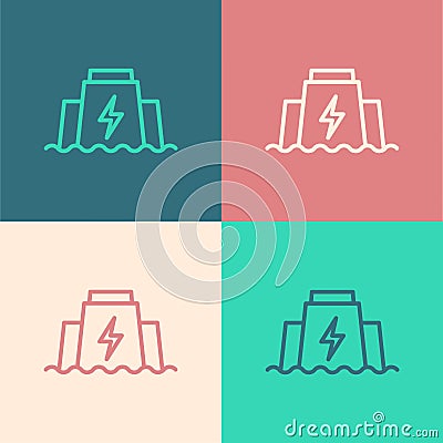 Pop art line Hydroelectric dam icon isolated on color background. Water energy plant. Hydropower. Hydroelectricity Vector Illustration