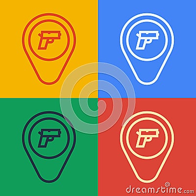 Pop art line Location with weapon icon isolated on color background. Vector Stock Photo