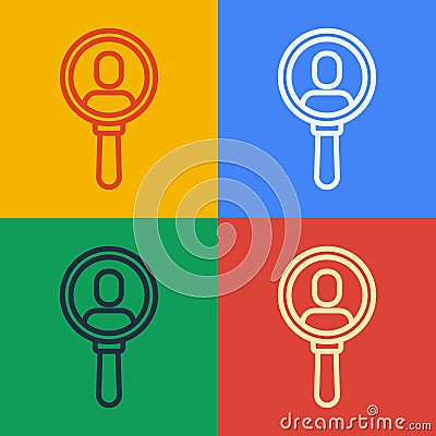 Pop art line Magnifying glass for search a people icon isolated on color background. Recruitment or selection. Search Vector Illustration