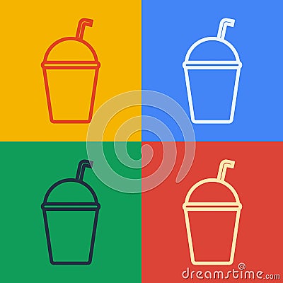 Pop art line Milkshake icon isolated on color background. Plastic cup with lid and straw. Vector Illustration Vector Illustration