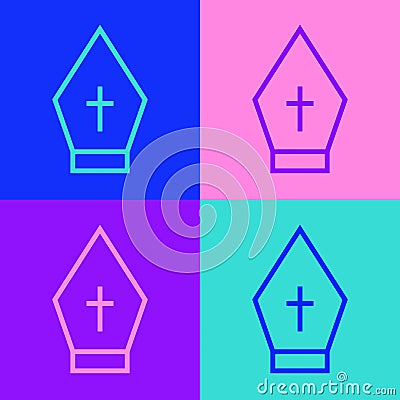 Pop art line Pope hat icon isolated on color background. Christian hat sign. Vector Vector Illustration