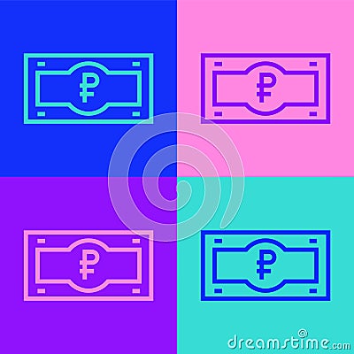 Pop art line Russian ruble banknote icon isolated on color background. Vector Vector Illustration