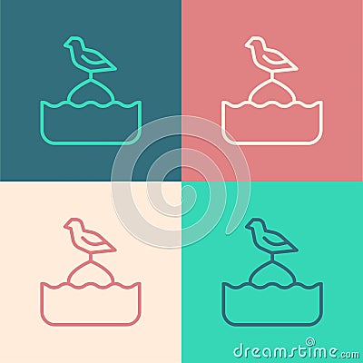 Pop art line Seagull sits on a buoy in the sea icon isolated on color background. Vector Vector Illustration