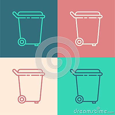 Pop art line Trash can icon isolated on color background. Garbage bin sign. Recycle basket icon. Office trash icon Vector Illustration