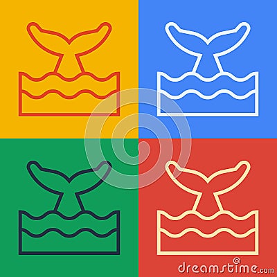 Pop art line Whale tail in ocean wave icon isolated on color background. Vector Vector Illustration