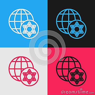 Pop art line World Globe and Israel icon isolated on color background. Vector Vector Illustration