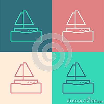 Pop art line Yacht sailboat or sailing ship icon isolated on color background. Sail boat marine cruise travel. Vector Vector Illustration