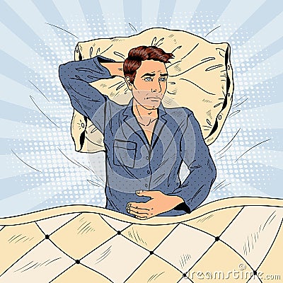 Pop Art Man in Bed Suffering Insomnia and Sleeplessness Vector Illustration