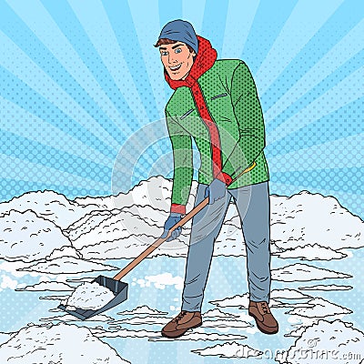 Pop Art Man Clearing Snow with Shovel. Winter Snowfall Vector Illustration