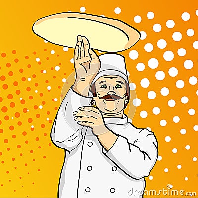 Pop art man cook pizza. Chef tossing pizza dough. Comic book style imitation. Vintage retro style. conceptual Cartoon Illustration