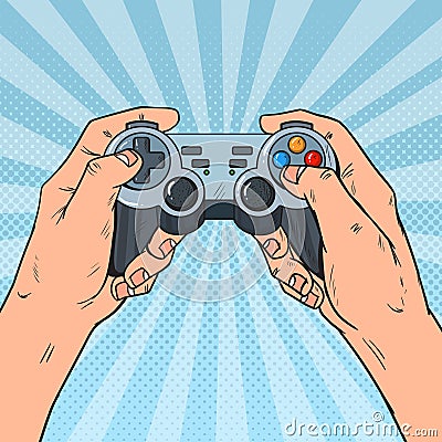 Pop Art Man Holding Gamepad. Male Hands with Joystick Console. Video Game Vector Illustration