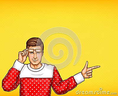 Pop art man indicating or pointing with finger vector sketch illustration guy showing direction or information Vector Illustration