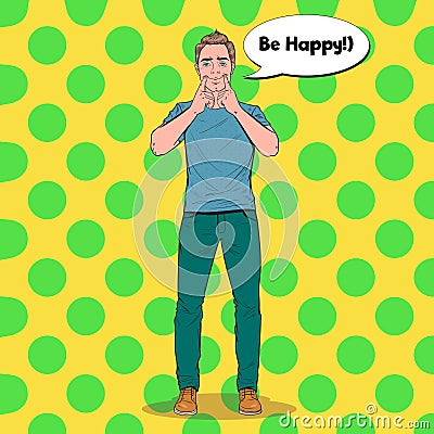 Pop Art Man Making Fake Smile with Her Fingers. Positive Facial Expression Vector Illustration