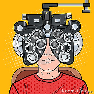 Pop Art Man Patient at Optometric Clinic with Optical Phoropter. Eye Exam Vector Illustration