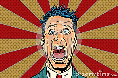 Pop art man screams in horror, panic face Vector Illustration