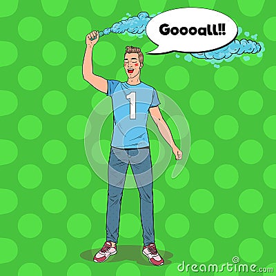 Pop Art Man Soccer Fan Celebrating the Victory of Favorite Team. Football Hooligans Vector Illustration