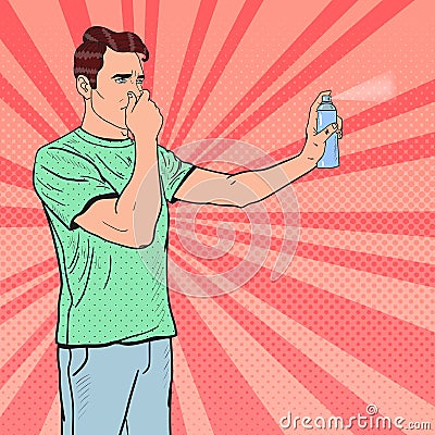 Pop Art Man Spraying Can of Air Freshener Vector Illustration