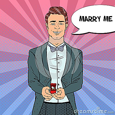 Pop Art Man in Tail-Coat with Wedding Ring. Marriage Proposal Vector Illustration