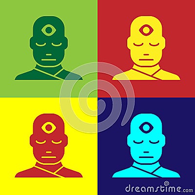 Pop art Man with third eye icon isolated on color background. The concept of meditation, vision of energy, aura. Vector Vector Illustration