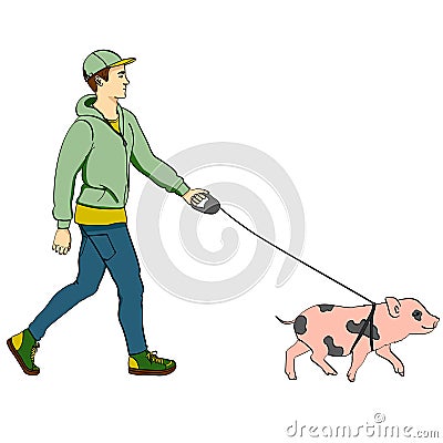 Pop art man walking a mini pig. Raster of an imitation comic style, retro. isolated object on white background Cartoon Illustration