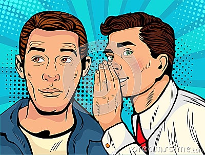 Pop art man whispering gossip or secret to his friend Vector Illustration