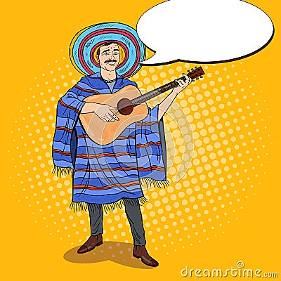 Pop Art Mariachi Mexican Man in Poncho and Sombrero Playing Guitar Vector Illustration