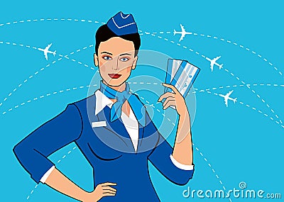 Pop art mockup of beautiful stewardess with tickets in her hands Vector Illustration